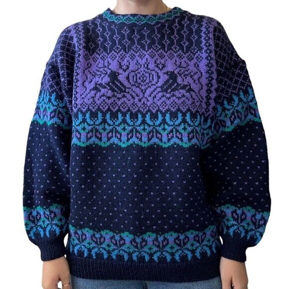 Vintage Hand Knit Reindeer Stag Navy Blue Wool Norwegian Fair Isle Sweater Sz L - Picture 2 of 8